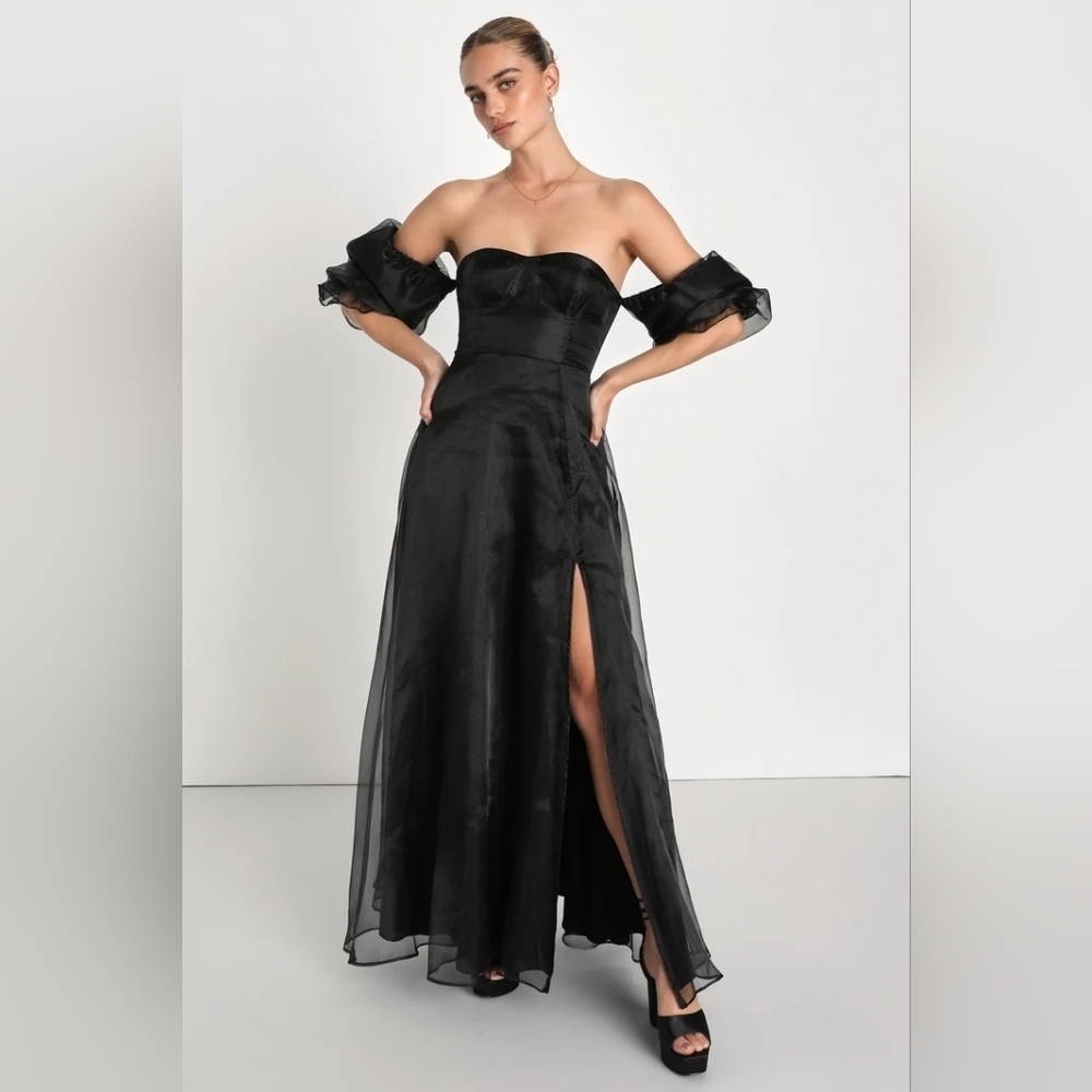 Lulus True Excellence Black Bustier Off-the-Shoulder Gown S Wedding Partt Formal - Picture 2 of 10